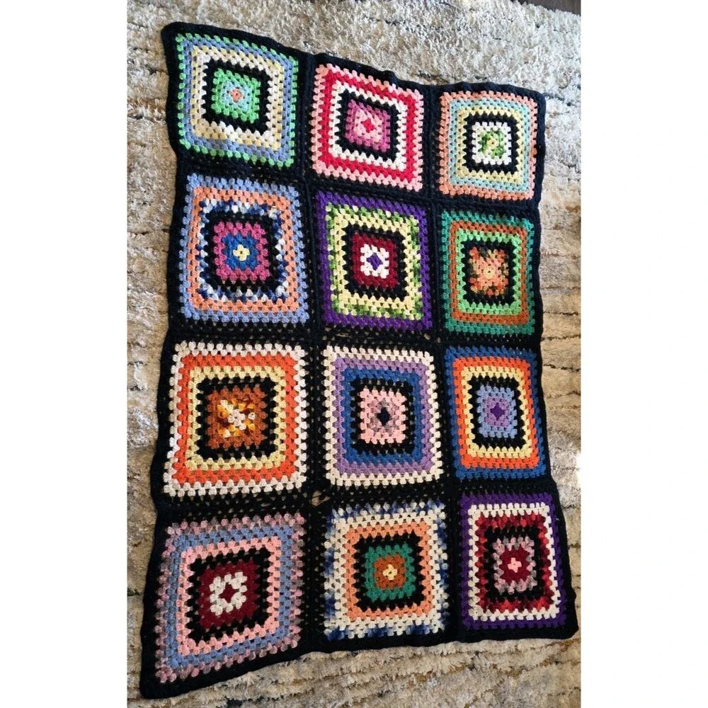 Vtg Crocheted Granny Square Afghan Lap Blanket Throw Multicolored 55x77